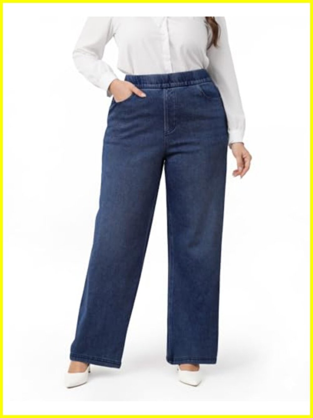 High Rise Pull On Wide Leg Jeans Plus Size Stretchy Denim Elastic Waist